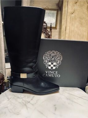 Vince Camuto Black Leather Knee-High Boot with Gold Accent extra wide